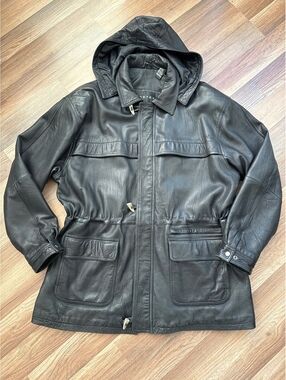 Context Black Leather Hooded Jacket Men's XLT Tall Full Zip Utility Coat